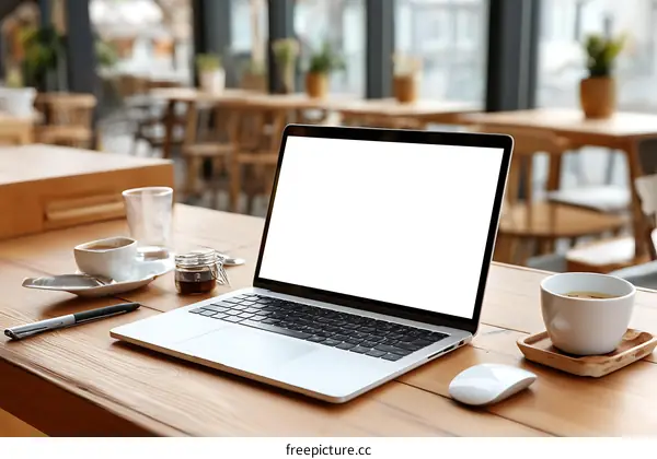 Laptop on Wooden Table in Cafe Setting