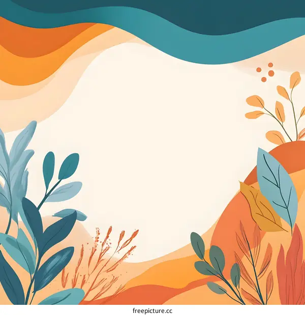 Abstract Floral Background with Wavy Lines in Orange and Teal Colors