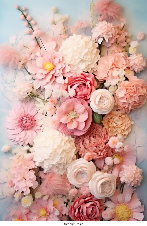 Pink and white flowers of various types arranged together