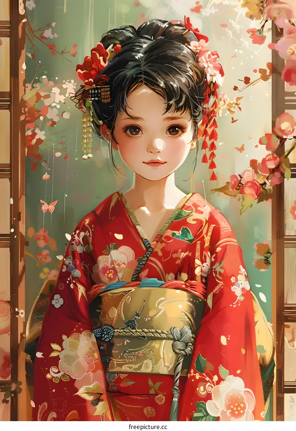 A Japanese Geisha Girl Wearing a Kimono