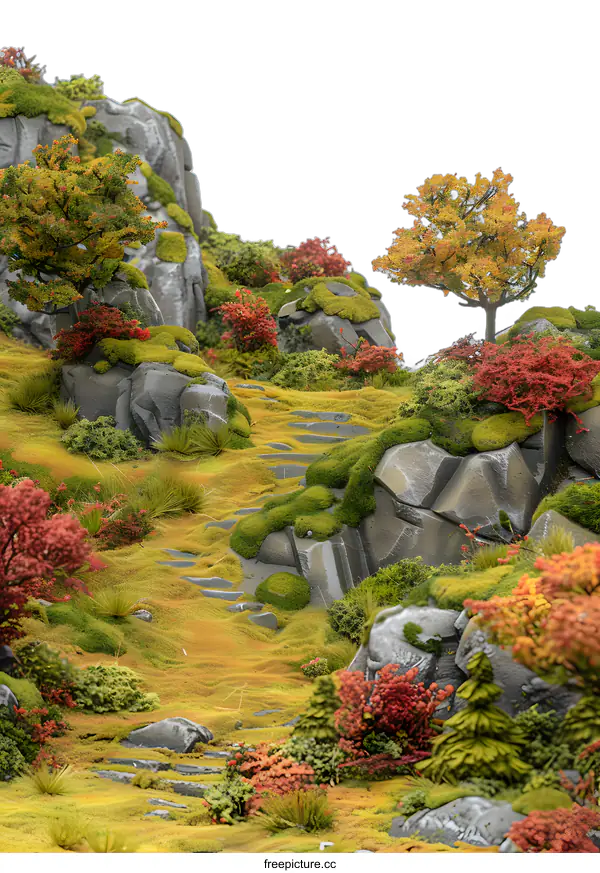 [Transparent Background PNG]Autumn Foliage Path Through Rocky Terrain