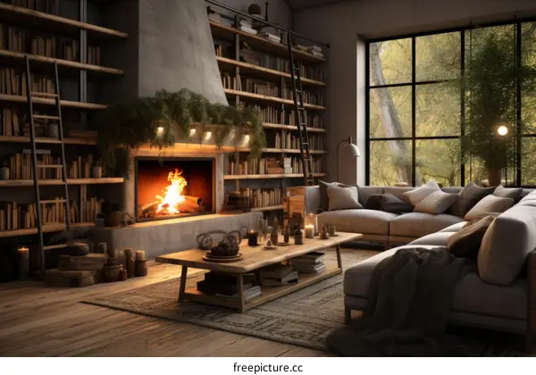 cozy living room interior design with fireplace and large windows