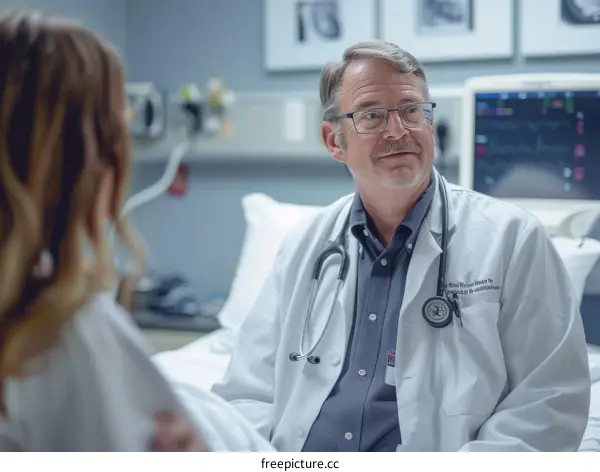 Doctor talking to patient in hospital room