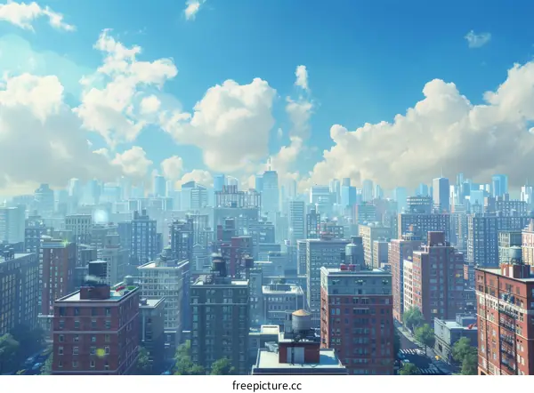 Cityscape with skyscrapers and blue sky