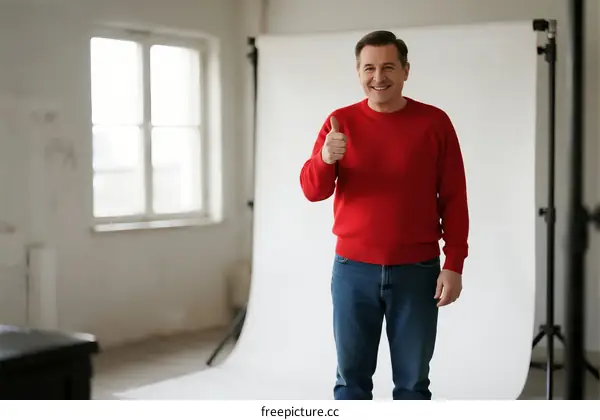 Man in red sweater giving thumbs up in studio setting