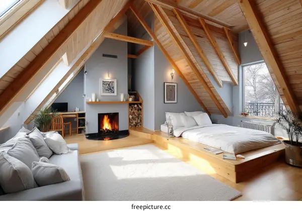 Rustic Attic Room with Exposed Beams and Fireplace