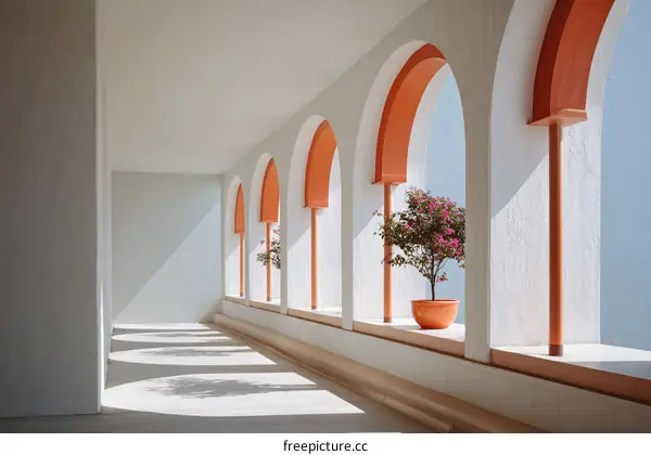Modern Architectural Corridor with Orange Arches