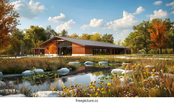 An illustration of a modern house with a pond in front of it