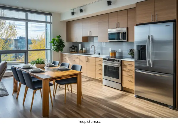 Modern Kitchen with Wood Cabinets and Stainless Steel Appliances