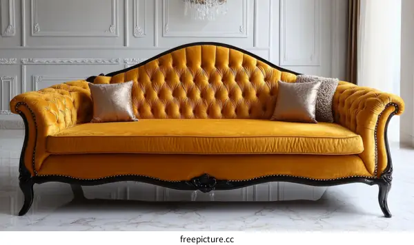 Vintage Mustard Yellow Sofa with Ornate Design