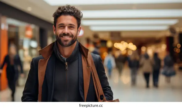 Portrait of a smiling man with curly hair and a beard in a shopping mall