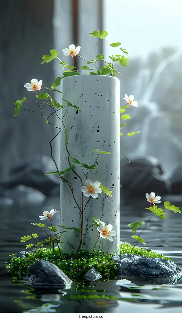 plants growing on a concrete cylinder in water