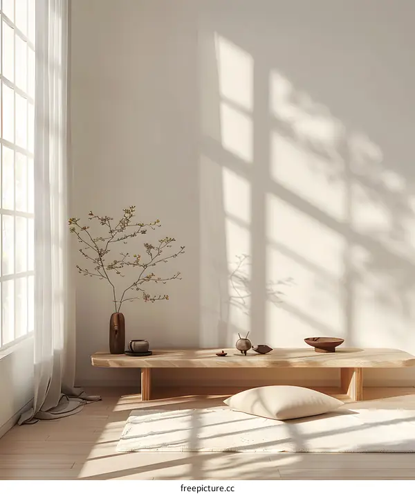 Minimalist Japanese Style Interior Design with Wooden Table and  Floor