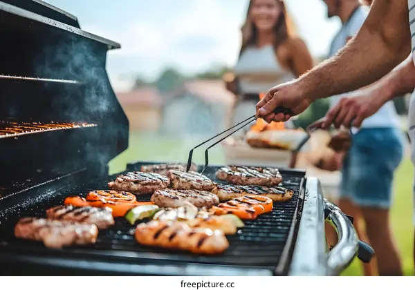 Grilled Food on a Barbeque Grill With Friends