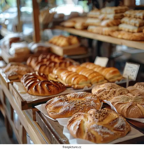 Loaf of bread and Pastries on Bakery Shelves