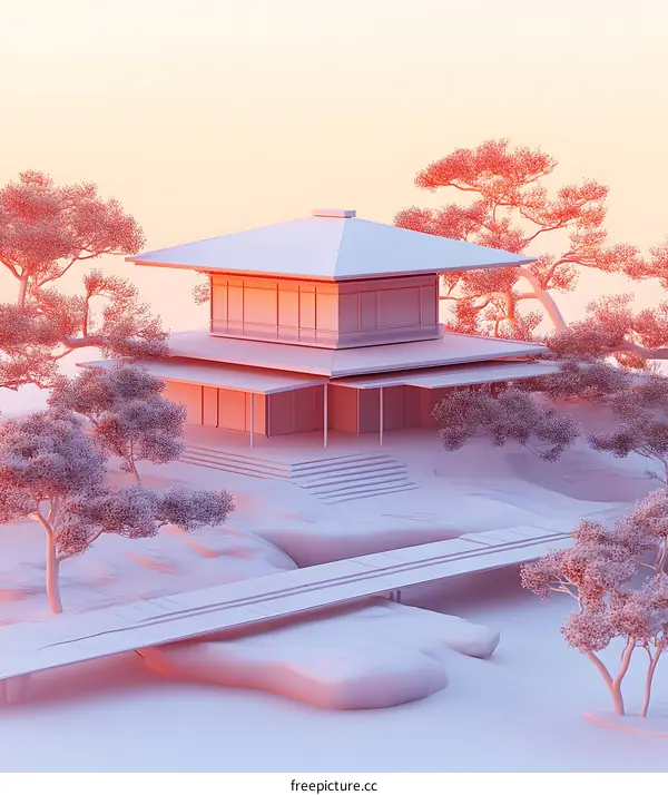 White 3D Render of a Japanese Style House with Trees and a Bridge