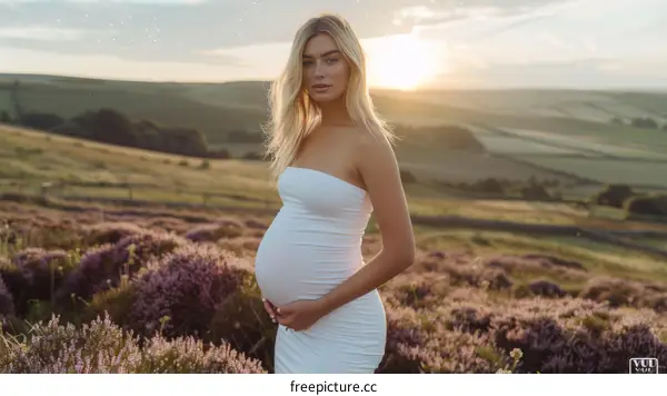 Stunning Pregnant Woman In A White Dress In A Field Of Purple Flowers