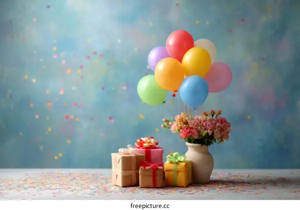 Birthday Celebration with Colorful Balloons and Gifts