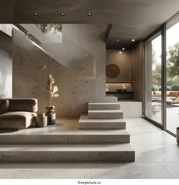 Modern Minimalist Home Interior with Staircase and Large Windows