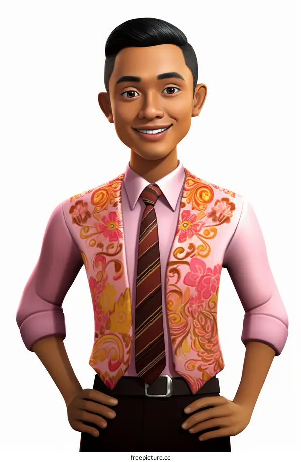 A young man wearing a pink shirt and a tie is smiling.
