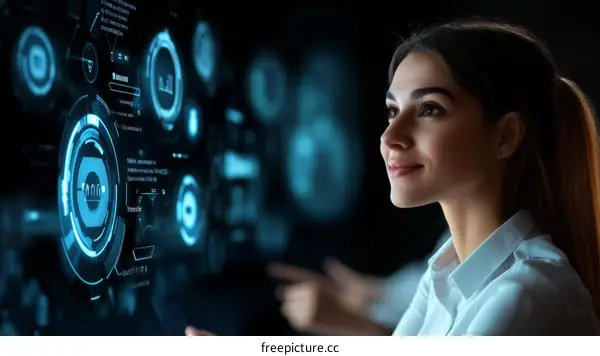 Female Caucasian Focused on Futuristic Interface