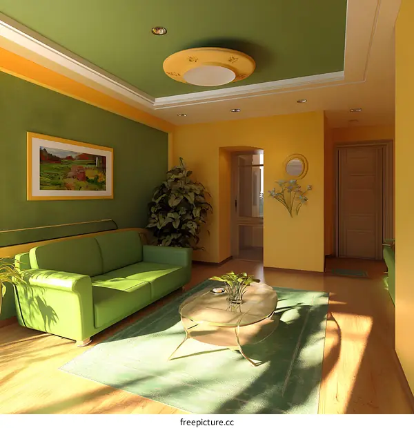 Green and Yellow Living Room Interior Design with Sofa and Coffee Table