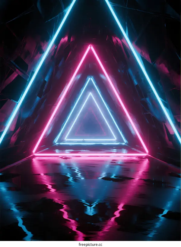 Neon Triangles with Reflective Floor in Futuristic Room