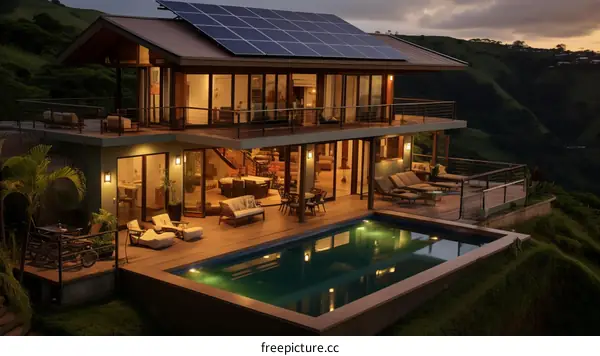 Luxury modern house with pool and solar panels
