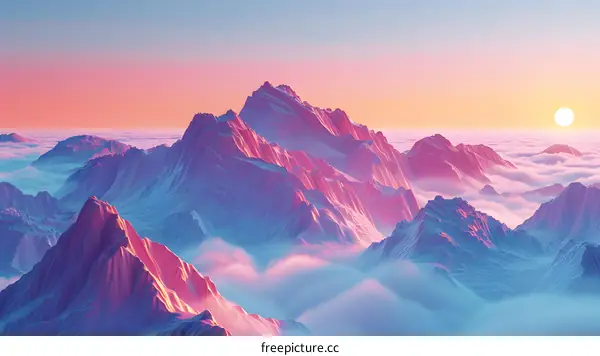Fantasy landscape with pink mountains and clouds