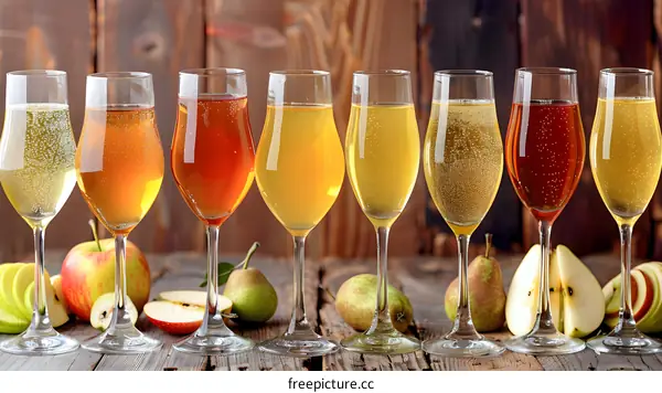 Assortment of Sparkling Apple Cider in Glasses on Wooden Table