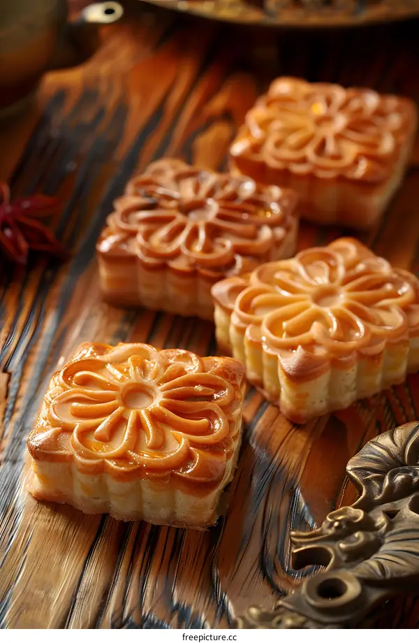 Closeup of Golden Brown Mooncakes on Wooden Table