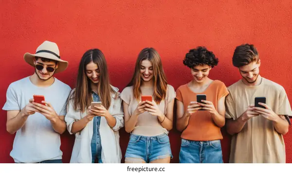 Group of Diverse Youth Using Smartphones Outdoors