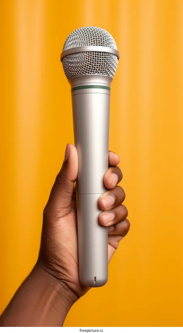 A hand holding a microphone against a yellow background