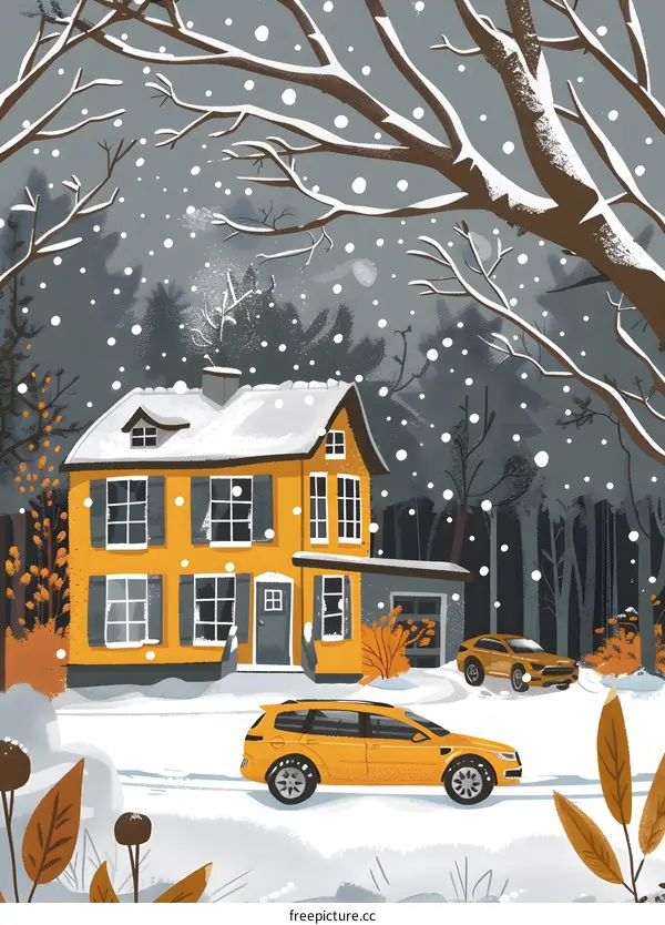 Winter House with Snow Falling and Yellow Cars