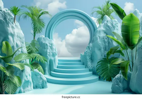 Abstract Pastel Blue Tropical Paradise Scene