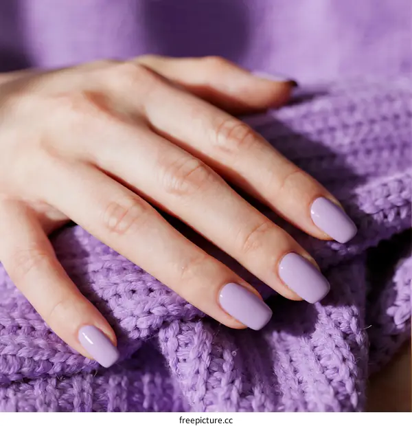 Beautiful Purple Nail Art Design on Female Hand with Knitted Background