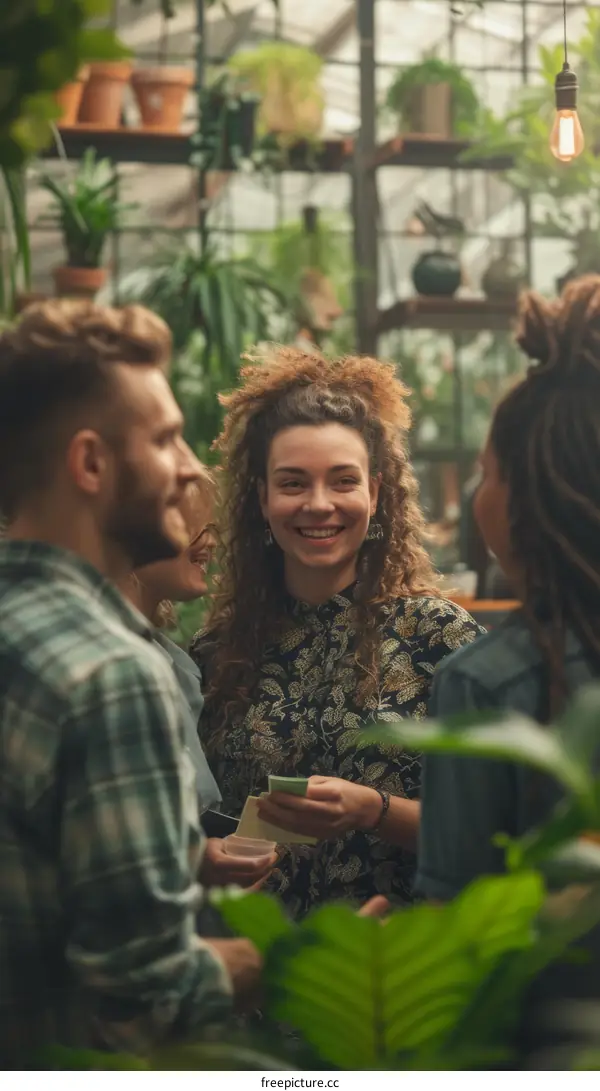 Four people are talking and laughing in a greenhouse.