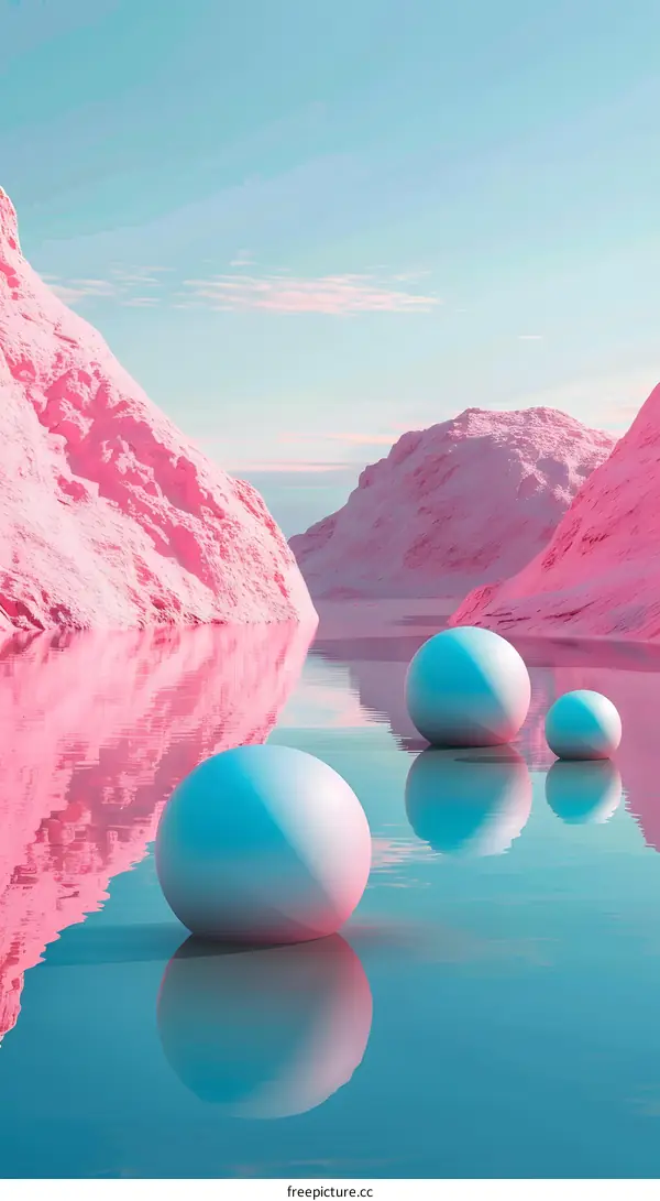 Abstract Pink Mountains and Blue Spheres on Calm Water
