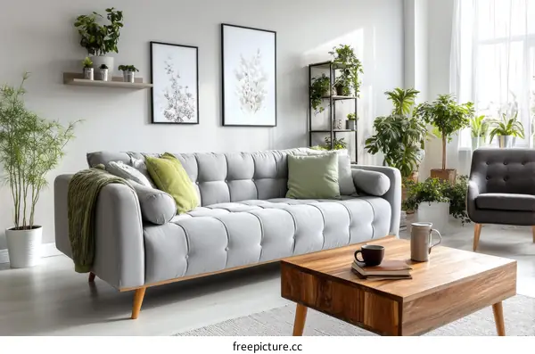 Modern Living Room with Plants and Cozy Sofa