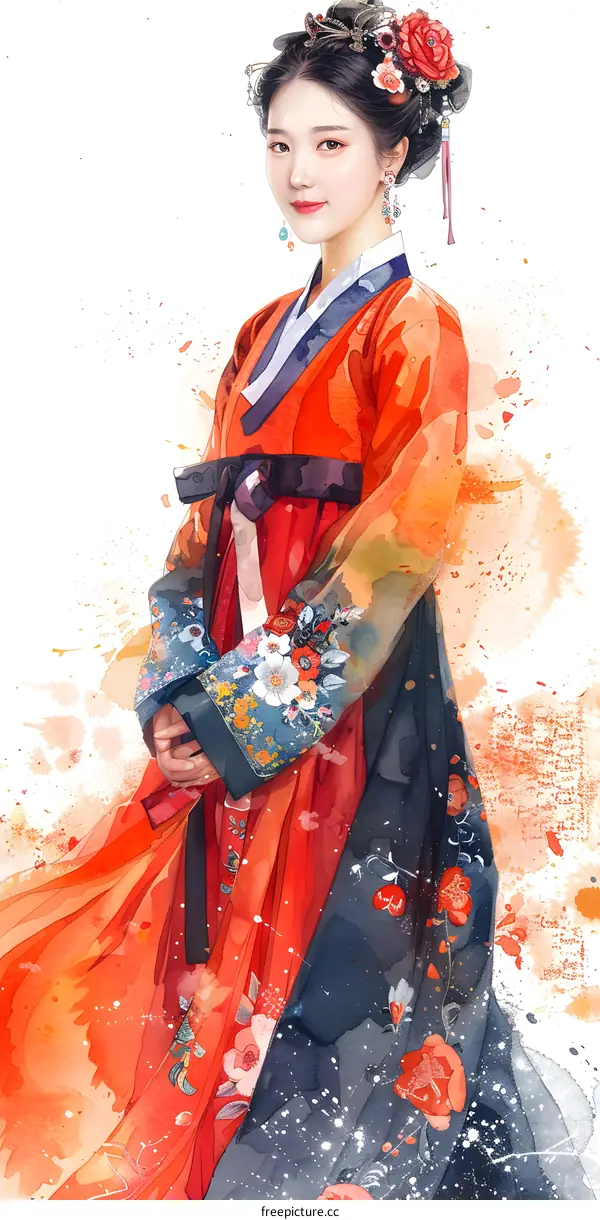 A beautiful illustration of a woman wearing a hanbok, a traditional Korean dress
