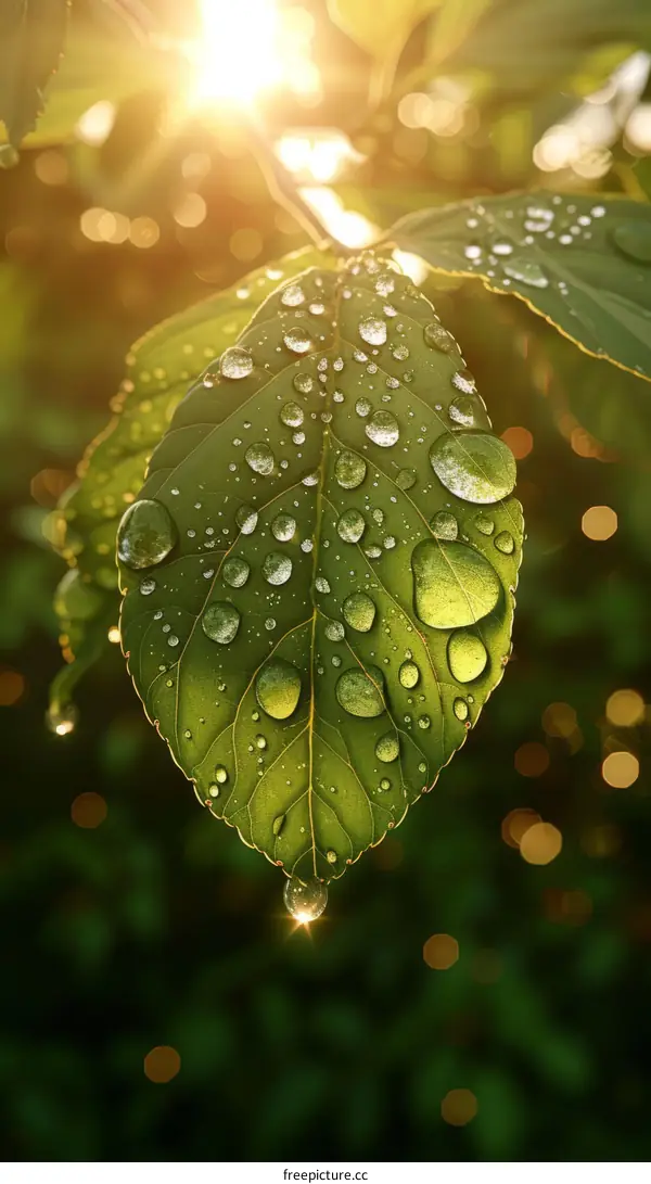 Raindrops on a leaf with the sun shining through