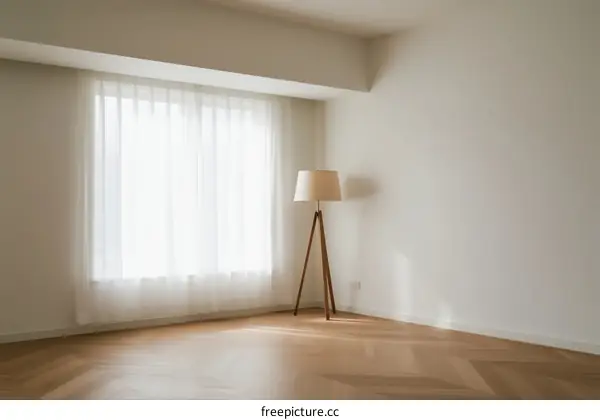 Bright and empty room with large window and floor lamp