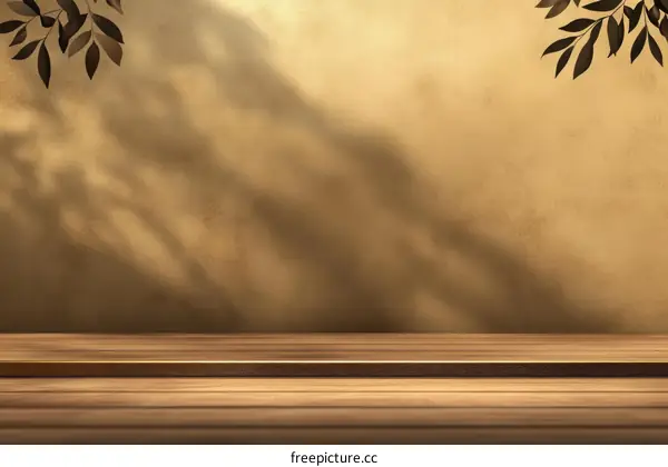 Warm Wooden Display Shelf Against Beige Wall with Shadowed Branches