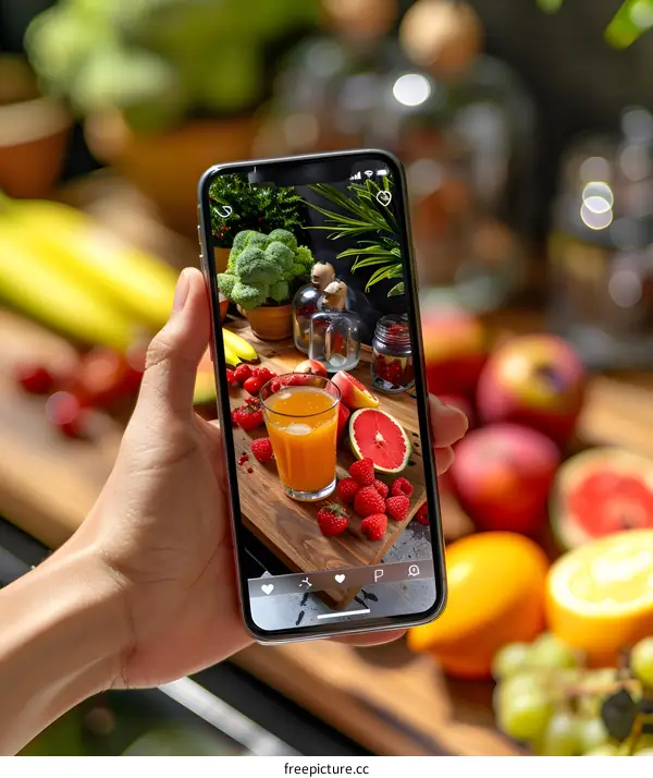 Close Up Of Hand Holding Smartphone Displaying A Fresh Juice With Fruits