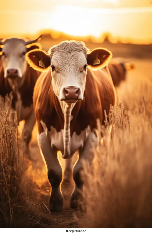 Hereford cow standing in a golden wheat field at sunset