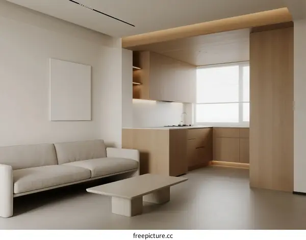 Minimalist Light Wood Living Room with Modern Sofa and Kitchen