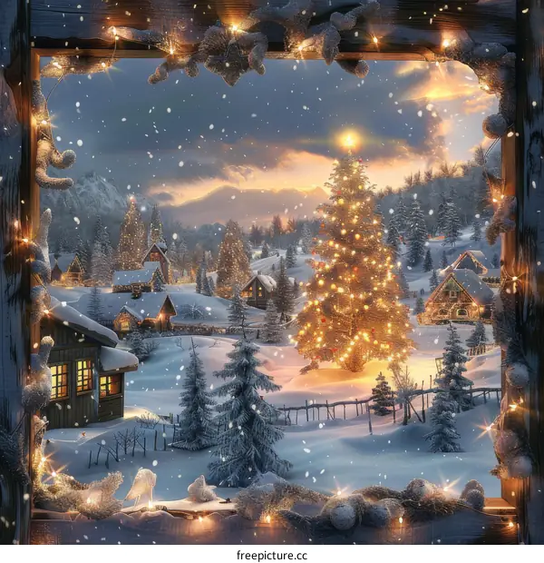 Winter Wonderland Christmas Village Through a Wooden Frame