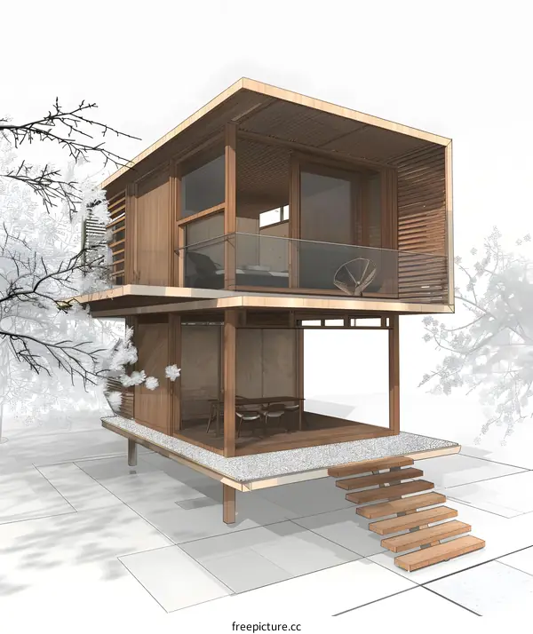 Modern Minimalist Two Story Wooden House Architectural Sketch