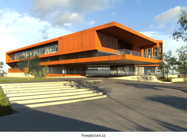 Modern Architecture Building with Rusty Panels