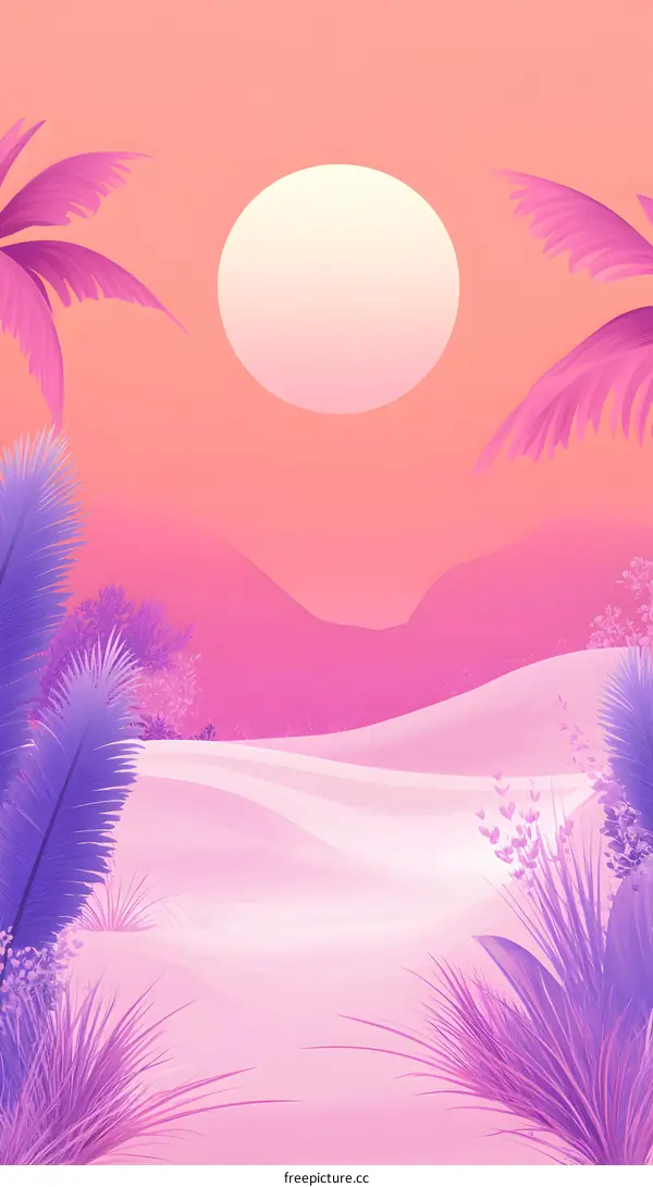 Pink Sunset Landscape with Palm Trees and White Sand Dunes